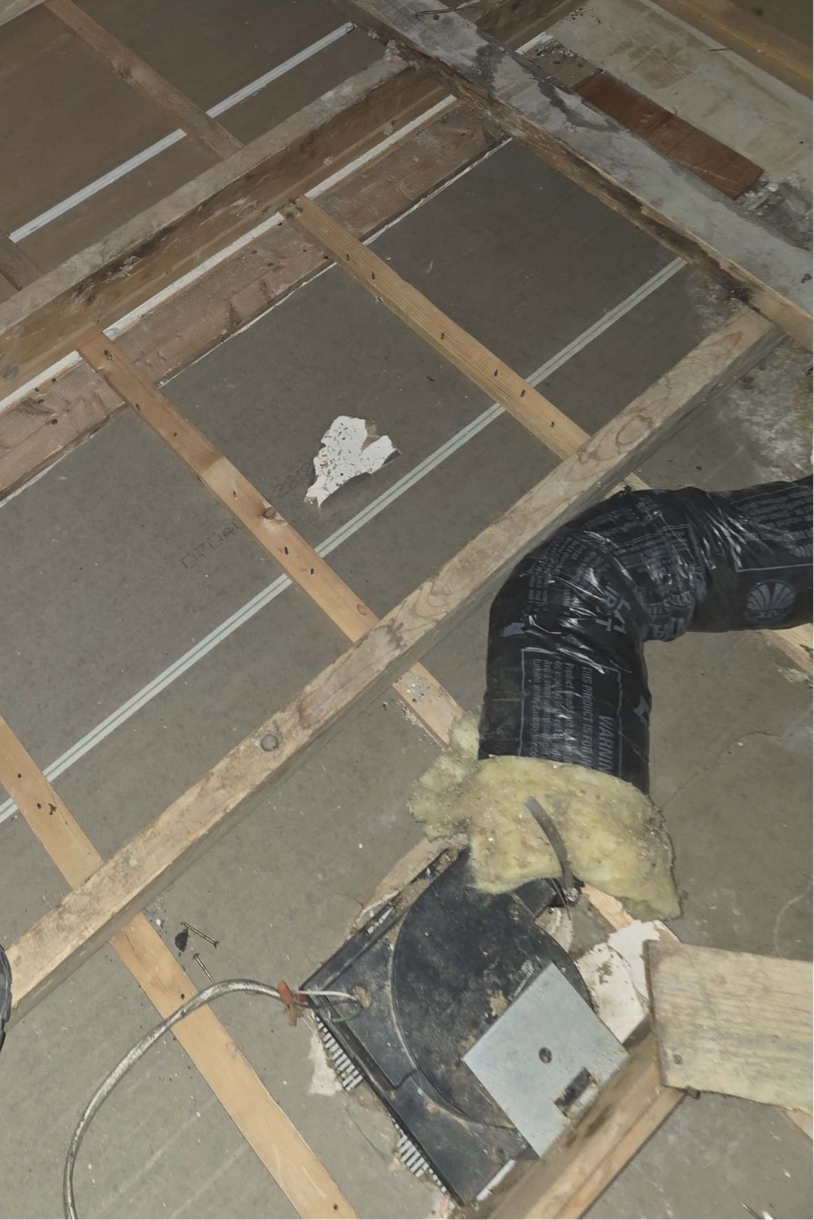 Structure de plancher en bois exposée avec isolant visible dans un bâtiment résidentiel  à Brossard