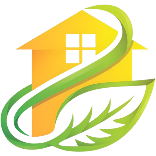 Icône maison jaune entourée d’un élément vert symbolisant un environnement sain dans le contexte de décontamination au Québec